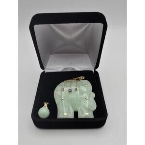 Jadeite Elephant Pendant 14K Gold Amethyst Accents + Jade Ball Charm